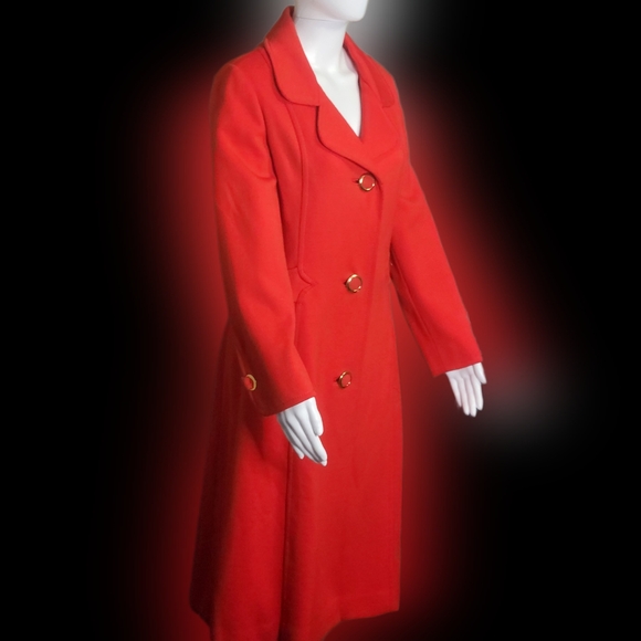 Vintage Balmain tomato orange silk lined wool coat with gold accents